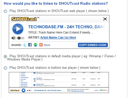 Shoutcast setting for default media player